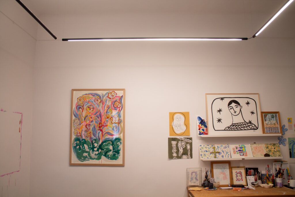 Creative workspace of contemporary artist Charlotte Colt in the Nice harbor district.