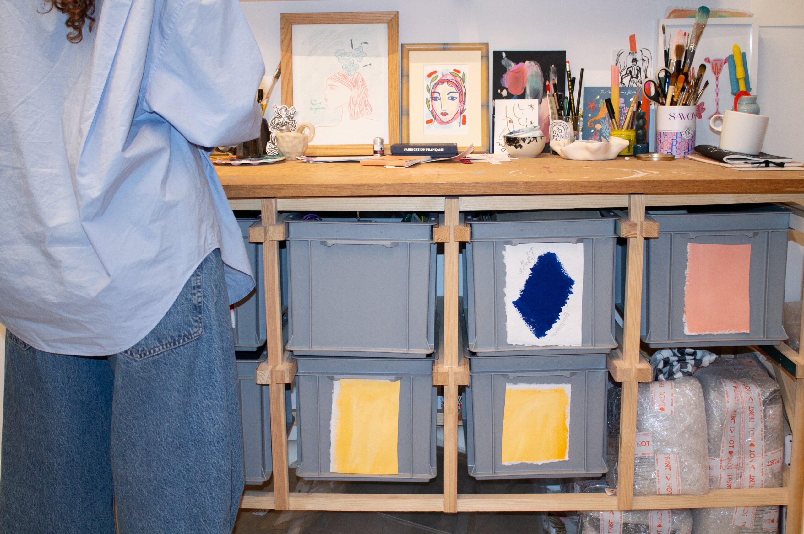 Charlotte Colt in her contemporary art studio near Nice port, French Riviera