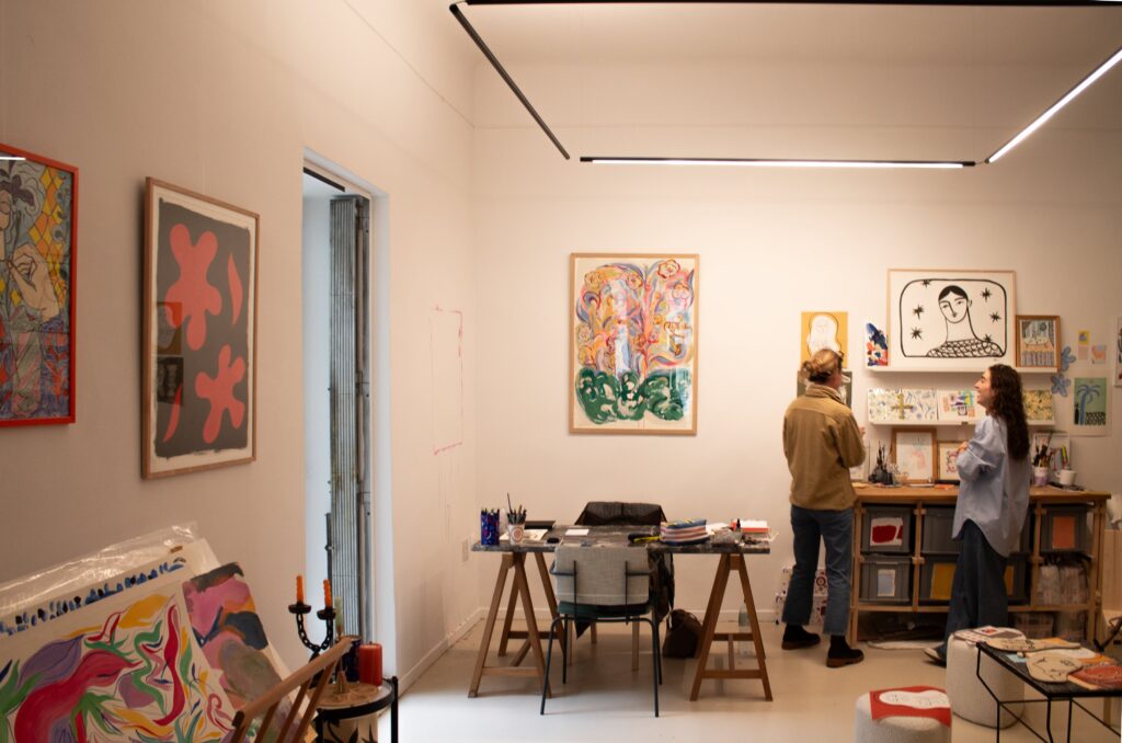 Charlotte Colt in her contemporary art studio near Nice port, French Riviera