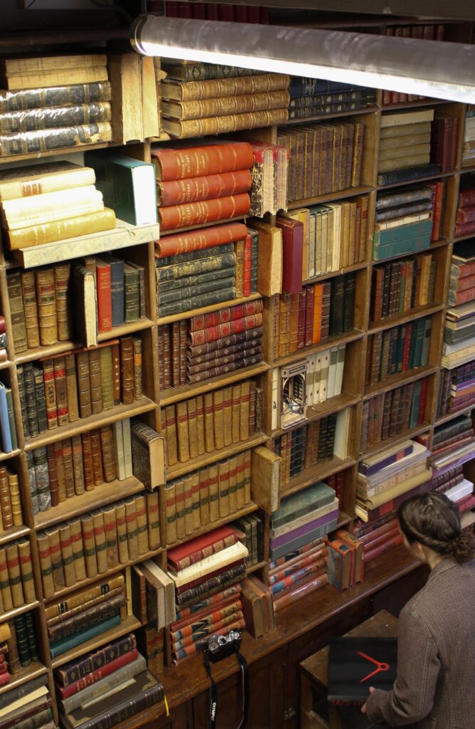 Rare books and manuscripts displayed at L'Escurial vintage bookshop, French Riviera