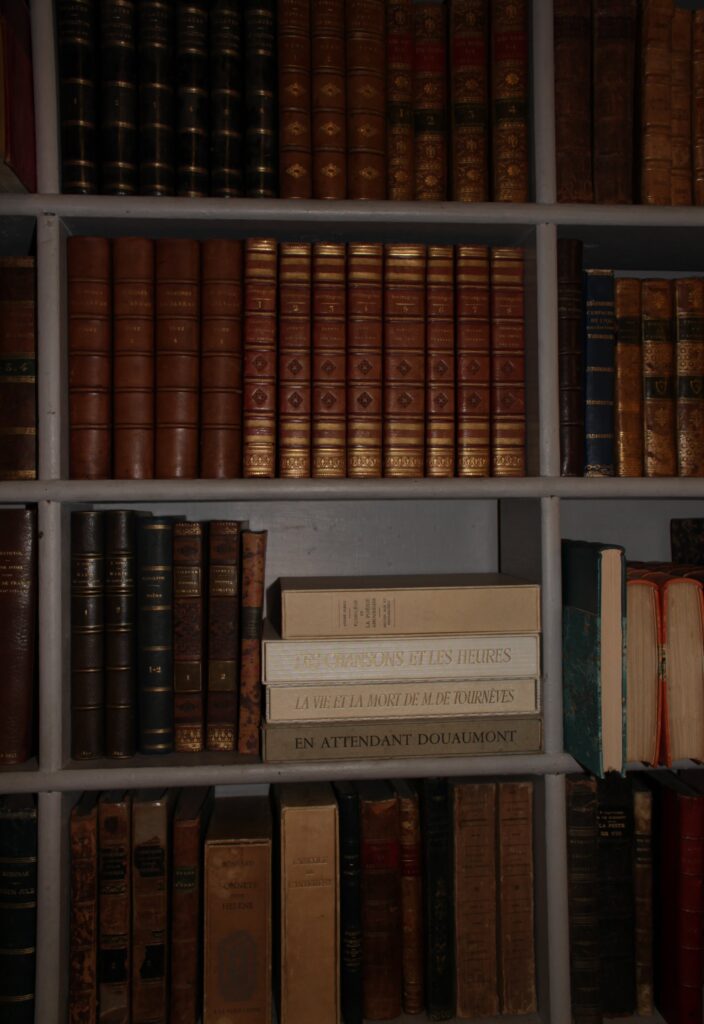 Vintage atmosphere inside L'Escurial bookstore showing rare books and warm lighting